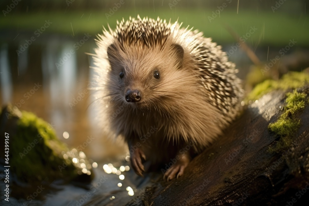 Fototapeta premium Cute adult hedgehog in summer or autumn forest. Young beautiful hedgehog in natural habitat, outdoors in nature.