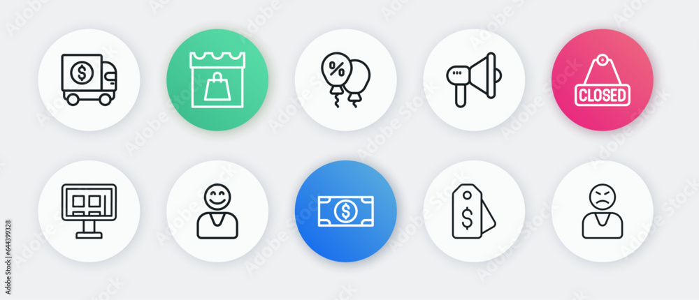 Set line Stacks paper money cash, Hanging sign with text Closed, Online shopping screen, Price tag dollar, Megaphone, Discount percent, Angry customer and Happy icon. Vector Set line Stacks paper money cash, Hanging sign with text Closed, Online shopping screen, Price tag dollar, Megaphone, Discount percent, Angry customer and Happy icon. Vector