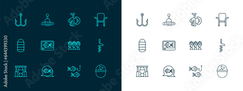 Set line Camping folding chair, Fish, Dried fish, Fishing hook with, finder echo sounder, Spinning reel for fishing, and float water icon. Vector