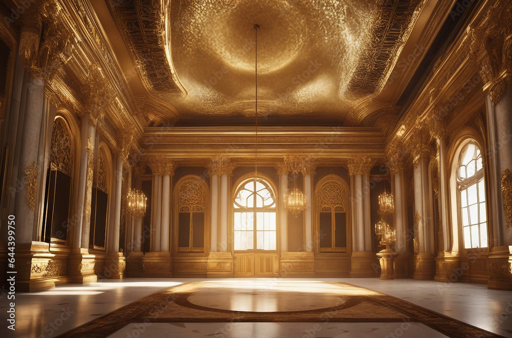 A realistic fantasy interior of the royal palace golden palace. castle interior. Fiction Backdrop