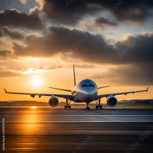 Airplane on the runway against the sky at sunset.