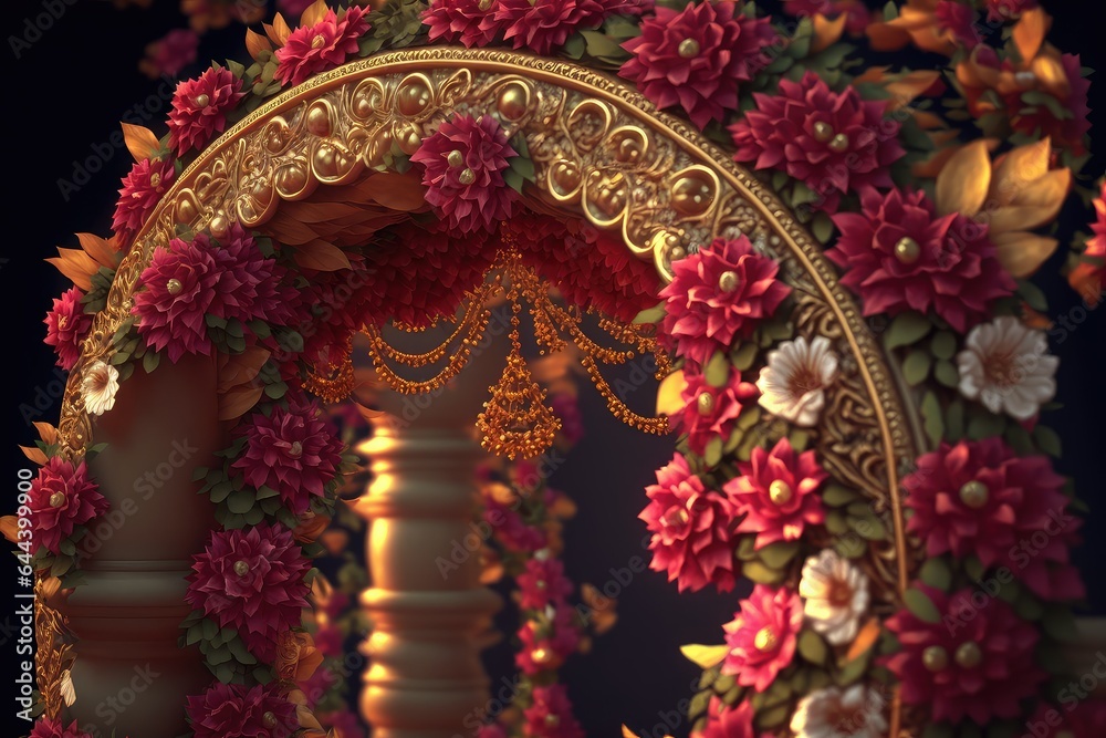 Ceremonial wedding indian altar decorated pink flowers. Golden arch.