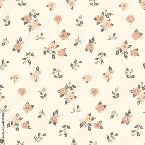 Seamless floral pattern, liberty ditsy print with small cute botanicals. Pretty botanical design with simple hand drawn plants: tiny flowers, mini leaves, bouquets on a white background. Vector. © Yulya i Kot