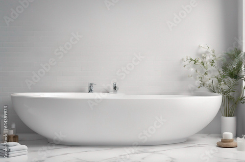 Empty white marble table top on white blurry bathroom interior