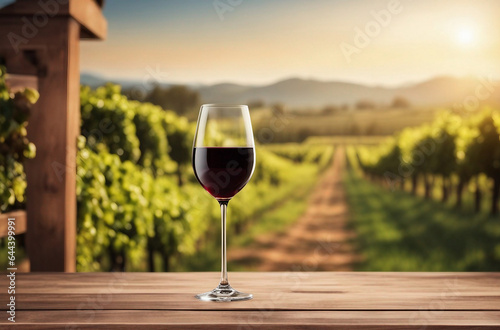 Empty wood table top with a glass of wine on blurred vineyard landscape background