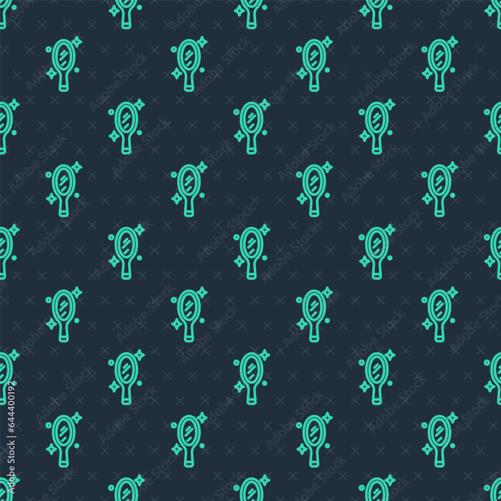 Green line Magic hand mirror icon isolated seamless pattern on blue background. Vector