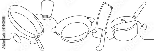 Kitchen utensils. Continuous line drawing background. Vector illustration.
