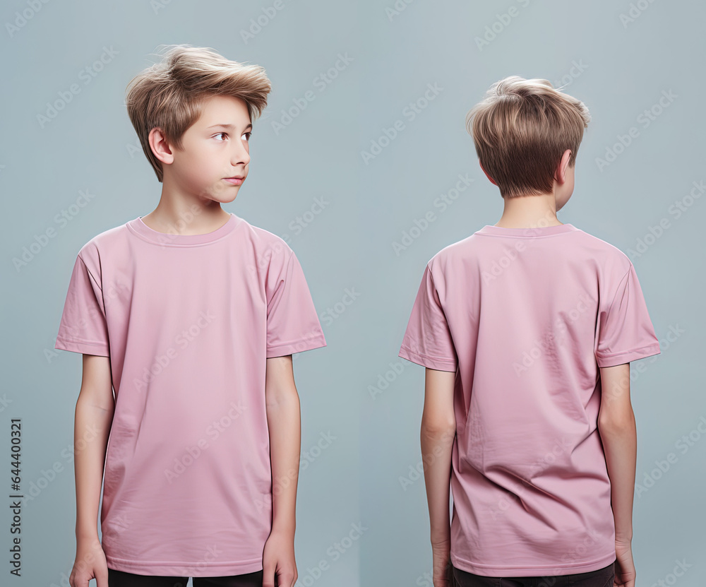 Front and back views of a little boy wearing a pink T-shirt Front and back views of a little boy wearing a pink T-shirt