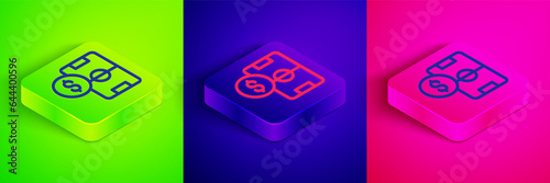 Isometric line Soccer football betting money icon isolated on green, blue and pink background. Football bet bookmaker. Soccer betting online make money. Square button. Vector