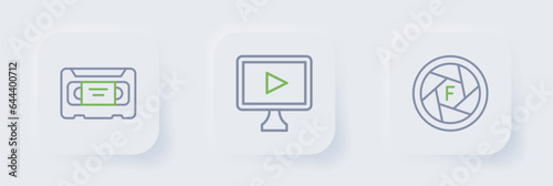 Set line Camera shutter, Online play video and VHS cassette tape icon. Vector