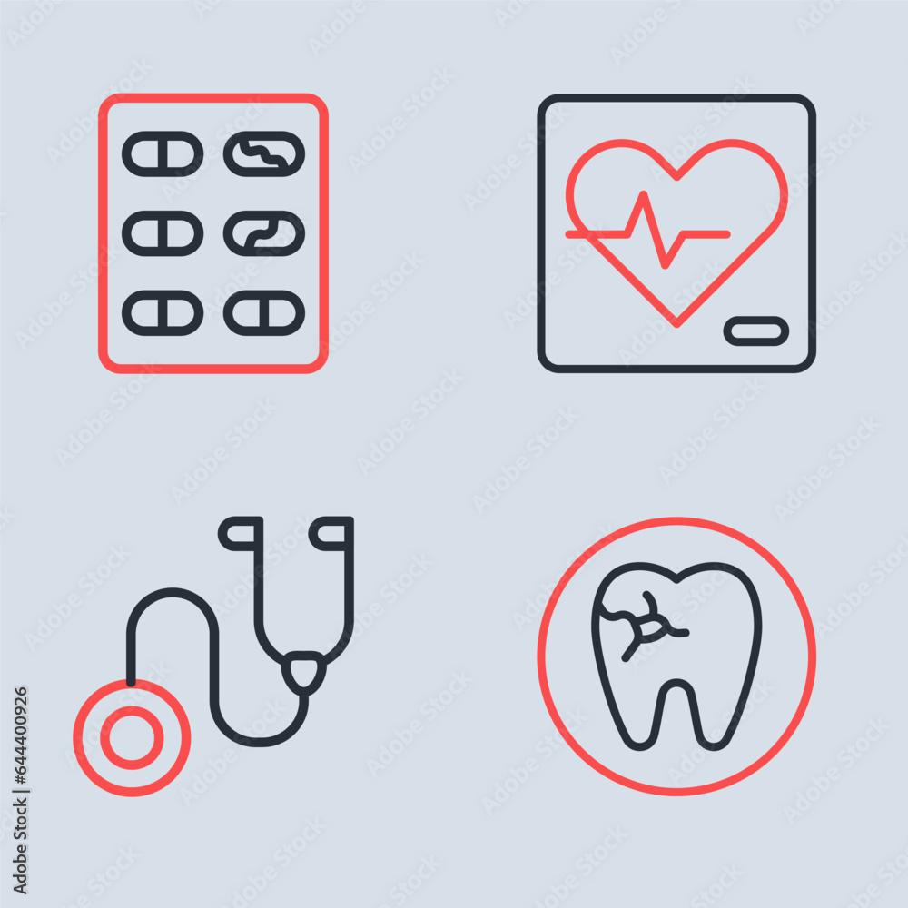 Set line Heart rate, Stethoscope, Tooth with caries and Pills in blister pack icon. Vector Set line Heart rate, Stethoscope, Tooth with caries and Pills in blister pack icon. Vector
