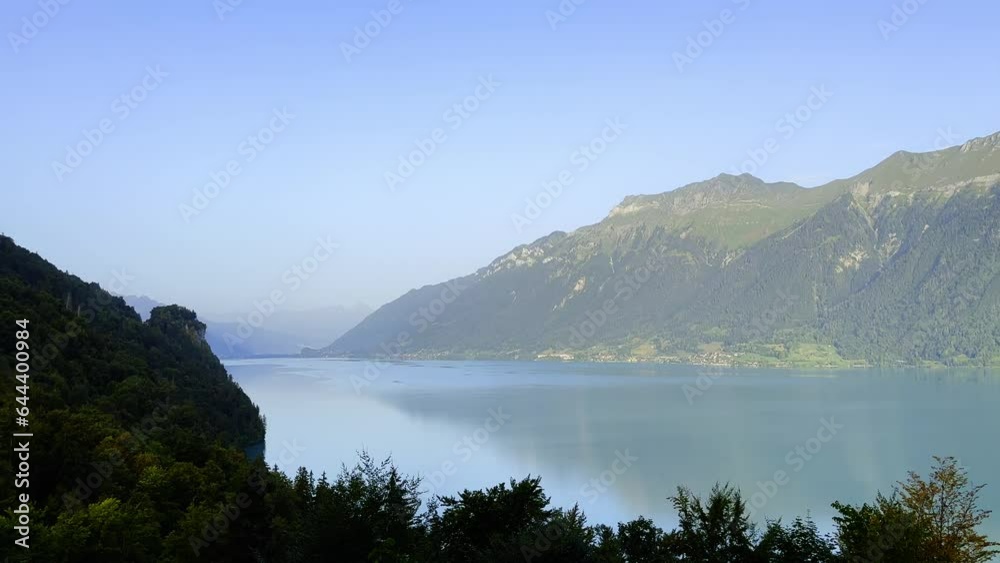 Panoramic View From Giessbach over Lake Brienz and Mountain in a Sunny Summer Day in Canton Bern, Switzerland. Panoramic View From Giessbach over Lake Brienz and Mountain in a Sunny Summer Day in Canton Bern, Switzerland.