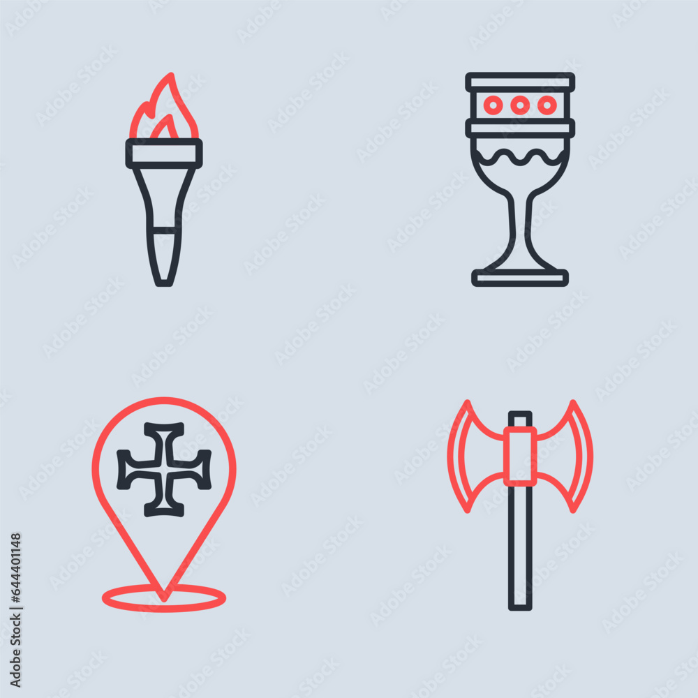 Set line Medieval goblet, Crusade, poleaxe and Torch flame icon. Vector Set line Medieval goblet, Crusade, poleaxe and Torch flame icon. Vector