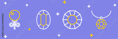 Set line Pendant on necklace, Diamond, Gem stone and Stud earrings icon. Vector