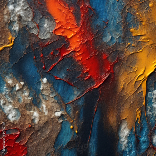 Abstract background of bright oil paints with a peeling texture and color transitions from red to yellow and blue.