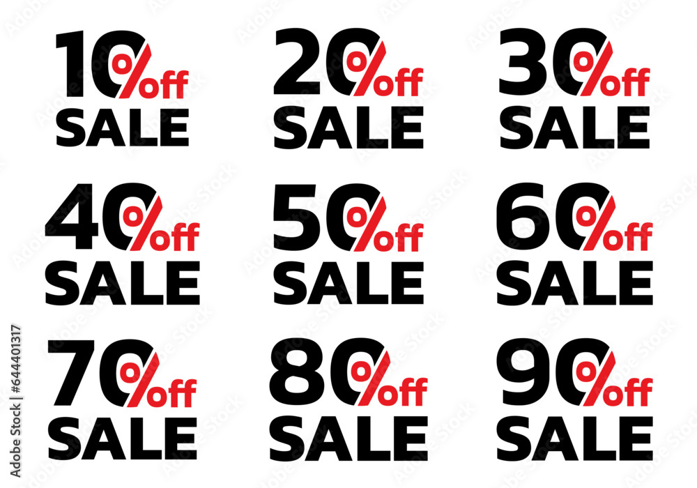 Sale icon or label set. 10,20,30,40,50,60,70,80,90 percent price off or discount badges. Promotion, price tag design element. Vector illustration. Sale icon or label set. 10,20,30,40,50,60,70,80,90 percent price off or discount badges. Promotion, price tag design element. Vector illustration.