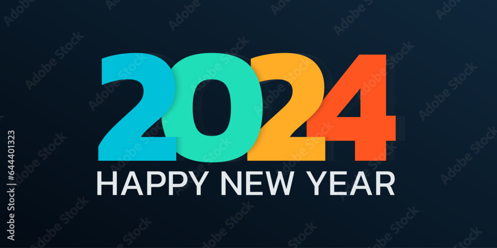 2024 calendar banner. Happy New Year typography background. 2024 logo or icon. Greeting card, poster with colorful numbers. Vector illustration. 2024 calendar banner. Happy New Year typography background. 2024 logo or icon. Greeting card, poster with colorful numbers. Vector illustration.