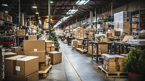 Warehouse full of cardboard boxes at Christmas time.