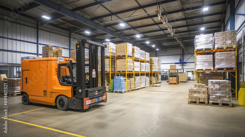 Forklift in warehouse. Warehouse or storage and shelves with cardboard boxes. Industrial background. © Ignacio Ferrándiz