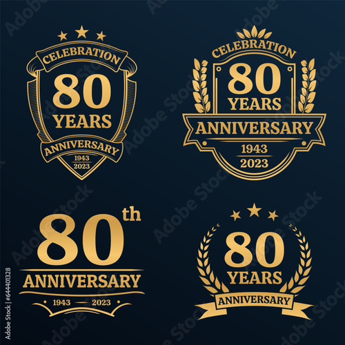 80 years anniversary icon or logo set. Vintage birthday banner design. 80th anniversary jubilee celebration golden badge or label collection. Vector illustration.