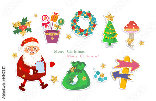Set of Christmas vector icons with golden elements. Christmas tree  wreath  toy  star  Santa Claus  bag  arrows for design cards  posters. Cartoon colour isolated illustrations  stickers. 