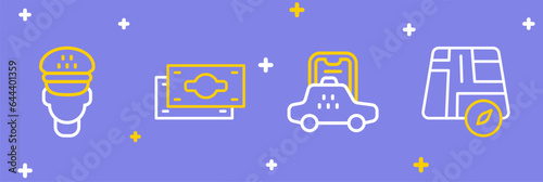 Set line Location taxi car, Taxi mobile app, Stacks paper money cash and driver icon. Vector