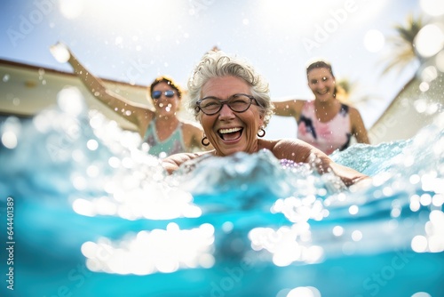 A group of active, cheerful seniors enjoys outdoor aqua fitness in a blue pool, promoting wellness.