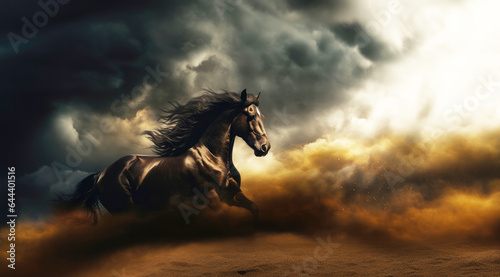 Wild Horse running in the desert with stormy sky