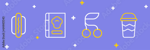 Set line Coffee cup to go, Fresh berries, Cookbook and Hotdog icon. Vector