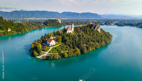 Aerial view of island Blejski otok in Bled, Slovenia photo