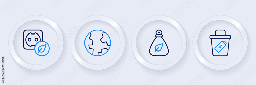 Set line Trash can, Garbage bag, Earth globe and Electrical outlet icon. Vector Set line Trash can, Garbage bag, Earth globe and Electrical outlet icon. Vector