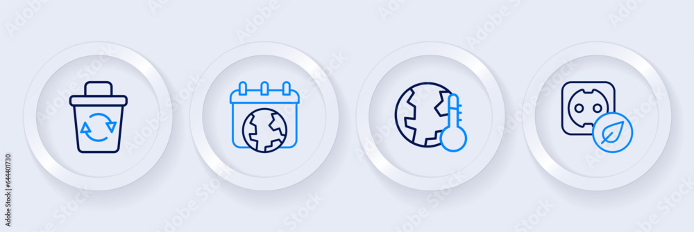 Set line Electrical outlet, Earth melting to global warming, World day and Recycle bin icon. Vector Set line Electrical outlet, Earth melting to global warming, World day and Recycle bin icon. Vector