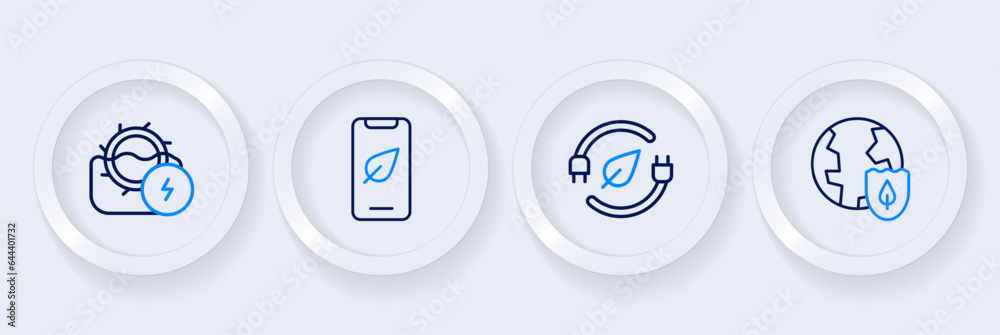 Set line Earth with shield, Electric saving plug in leaf, Mobile phone and Water mill icon. Vector Set line Earth with shield, Electric saving plug in leaf, Mobile phone and Water mill icon. Vector