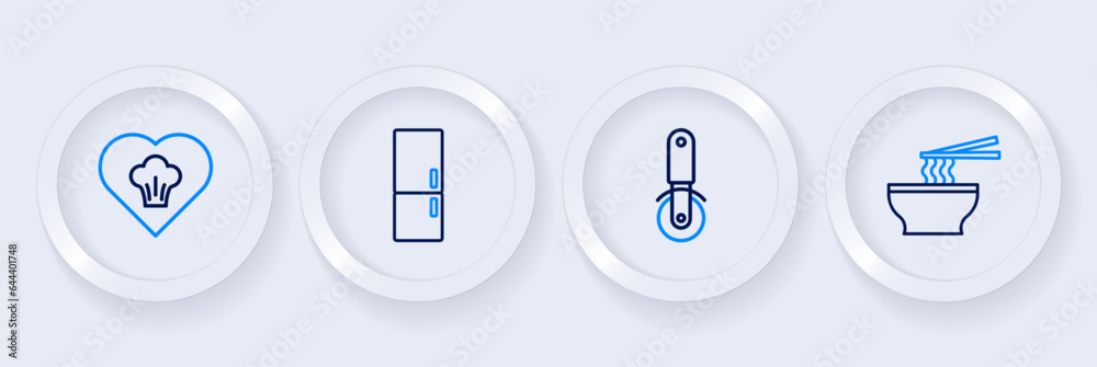 Set line Asian noodles in bowl, Pizza knife, Refrigerator and Chef hat icon. Vector Set line Asian noodles in bowl, Pizza knife, Refrigerator and Chef hat icon. Vector