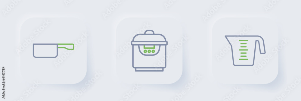 Set line Measuring cup, Slow cooker and Frying pan icon. Vector Set line Measuring cup, Slow cooker and Frying pan icon. Vector