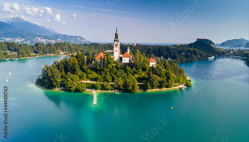 Aerial view of island Blejski otok in Bled, Slovenia photo