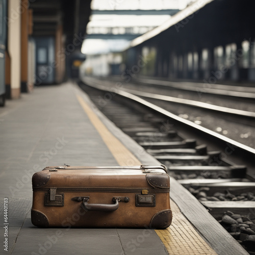 Nostalgic photo of an old railway station with a suitcase left behind at the railway stop. photo