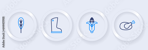 Set line Roasted turkey or chicken, Corn, Waterproof rubber boot and Leaf icon. Vector