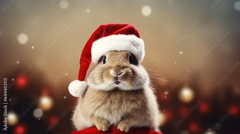 a photograph of rabbit wearing santa clause costume and hat for christmas celebration generative ai