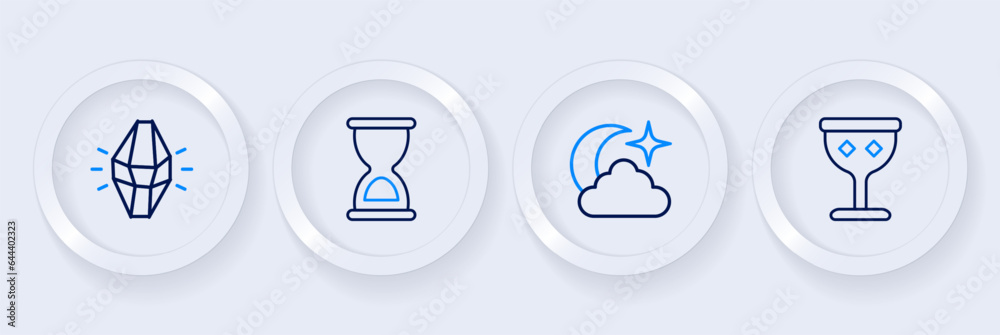 Set line Medieval goblet, Moon and stars, Old hourglass and Magic stone icon. Vector Set line Medieval goblet, Moon and stars, Old hourglass and Magic stone icon. Vector