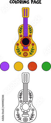 Coloring page with hand drawn Mexican guitar. Worksheet for children.