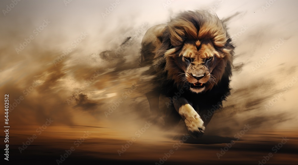 Lion running in the desert in clouds of dust - obrazy, fototapety, plakaty 