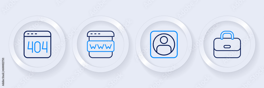 Set line Briefcase, Create account screen, Browser window and Page with 404 error icon. Vector Set line Briefcase, Create account screen, Browser window and Page with 404 error icon. Vector