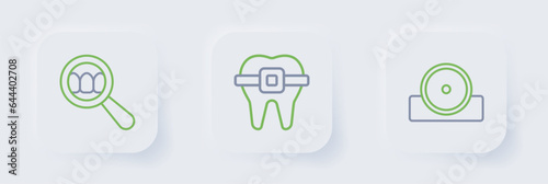 Set line Otolaryngological head reflector, Teeth with braces and Dental search icon. Vector