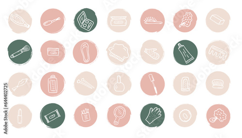 Beauty and Cosmetics instagram highlights. Make up vector icon set. Graphic elements. Vector illustration.
