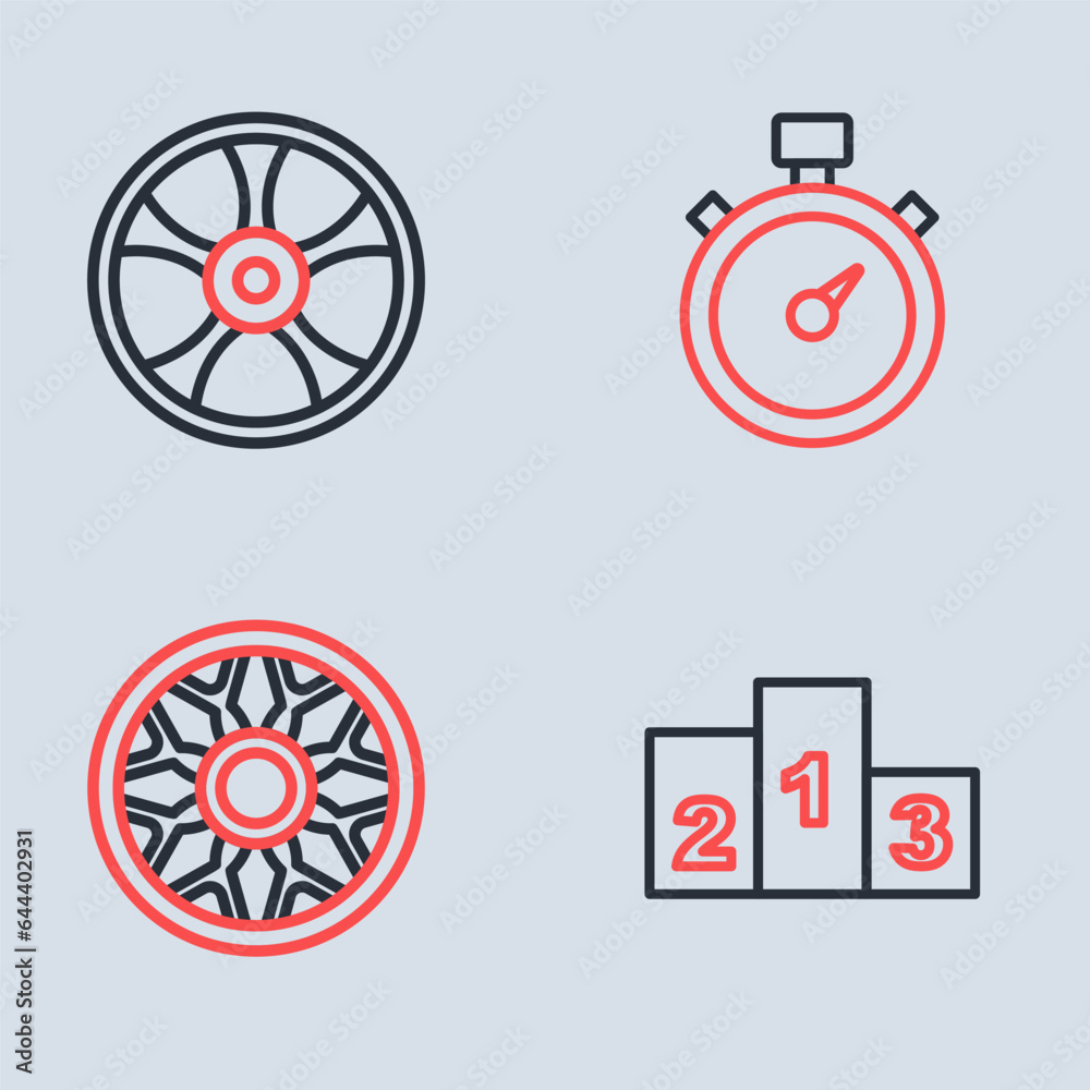 Set line Alloy wheel for car, Award over sports winner podium and icon. Vector Set line Alloy wheel for car, Award over sports winner podium and icon. Vector