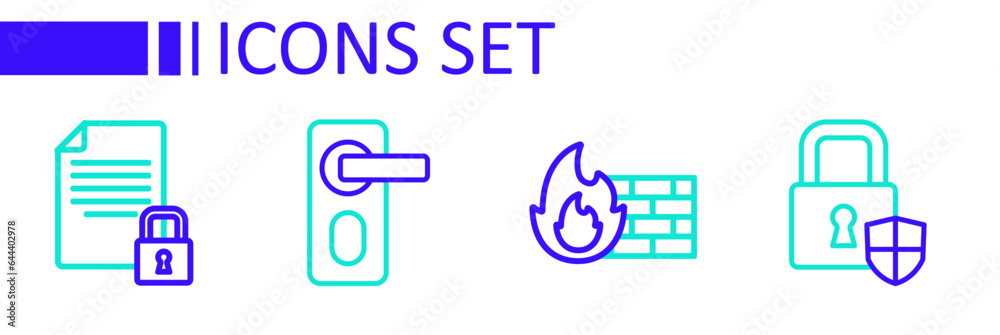Set line Shield security with lock, Firewall, wall, Fingerprint door and Document and icon. Vector Set line Shield security with lock, Firewall, wall, Fingerprint door and Document and icon. Vector