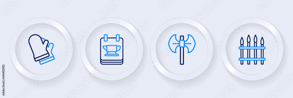 Set line Classic iron fence, Medieval poleaxe, Blacksmith anvil tool and Protective gloves icon. Vector Set line Classic iron fence, Medieval poleaxe, Blacksmith anvil tool and Protective gloves icon. Vector