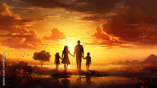Mom, dad and daughter and son, holding hands, go to the lake at sunset