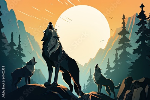 wolf pack stand howl to full moon night lansdscape illustration photo
